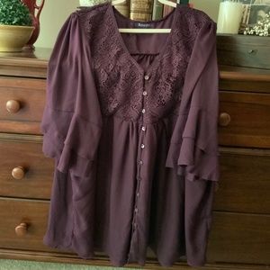 New Burgundy Short Sleeved Sheer Flowy blouse with Lace yoke insert to match
